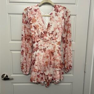 Francesca's Collections Floral Long Sleeve Dress - Pink and White